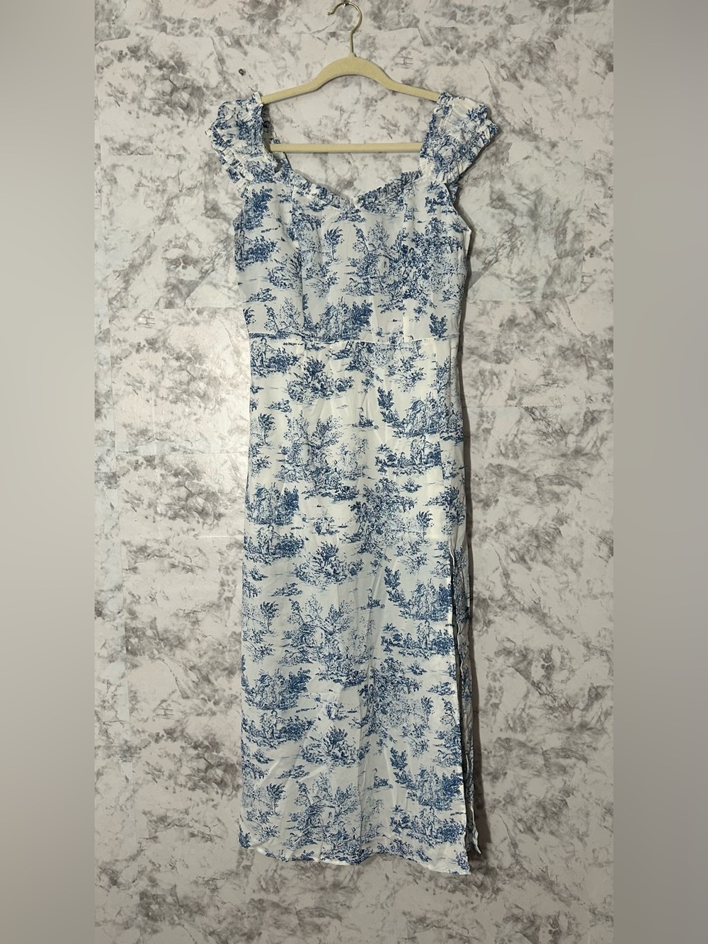 Cider Blue and White Toile Midi Dress with Ruffle Straps Sz M NWT